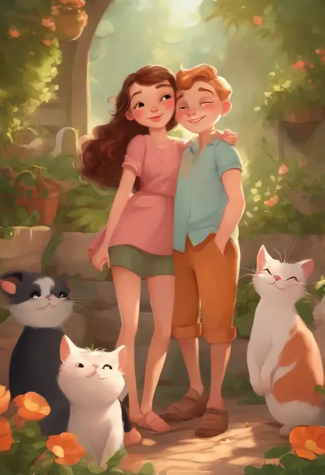 cartoon couple everyday，the boy is a piglet，girls are cats