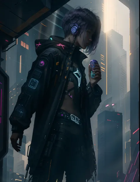 cyberpunk man, city cyberpunk, zori、spaceship，blackn clothes，white color hair、rays of moonlight、aimei、the meal of the future in ...