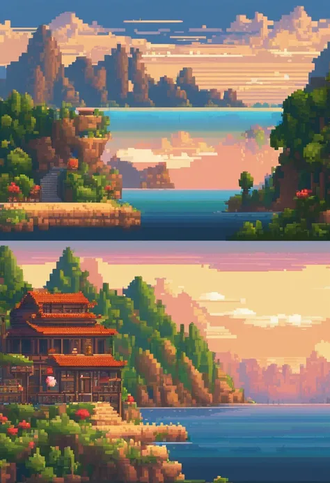 pixel art tourist landscape. evening. 3d pixel art 4k wallpaper. incredible pixel art details. pixel art. steam wave. detailed u...