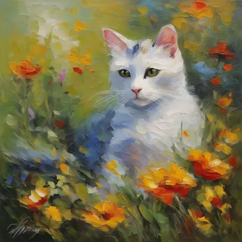 ​masterpiece、top-quality、impresionismo,monet style,artistic painting of cute cat