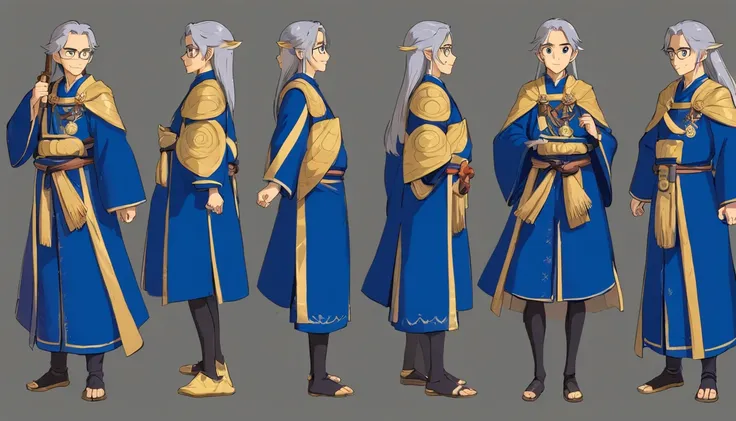 a detailed model sheet for a fantasy character. the character is a young wizard. he has long, silver hair that shimmers like the...