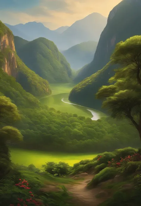 pintura de um rio que atravessa um vale verde exuberante com montanhas ao fundo, colinas fluidas, 8k resolution digital painting...