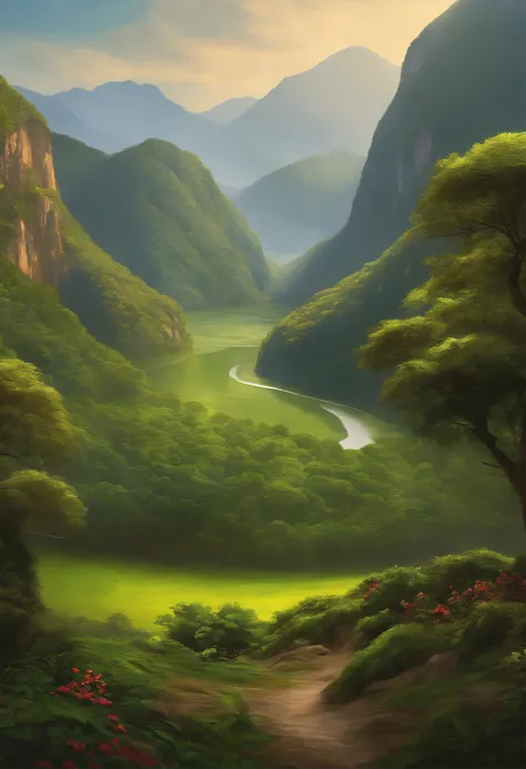 pintura de um rio que atravessa um vale verde exuberante com montanhas ao fundo, colinas fluidas, 8k resolution digital painting...