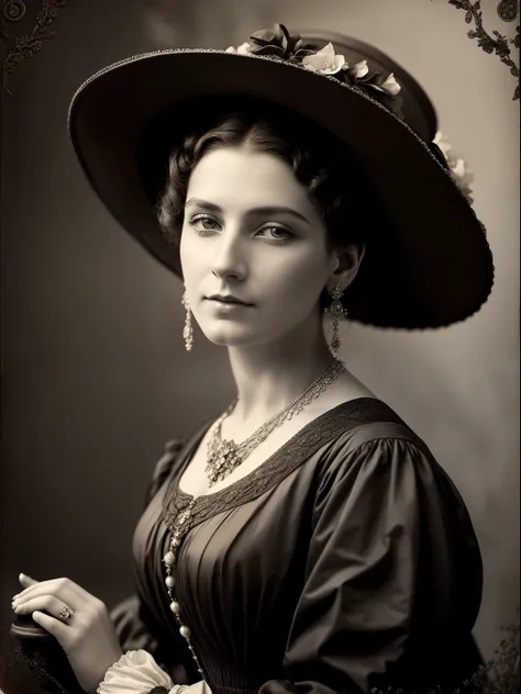 (masterpiece) an insanely beautiful victorian lady wearing a rich flowering over the top exaggerated hat, rich jewelry, big earr...