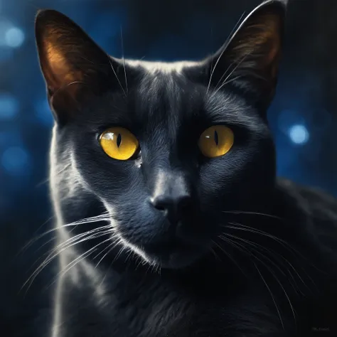 a blue cat with yellow eyes on an acrylic canvas, in the style of intricate surfaces, made of liquid metal, infinity nets, dark ...