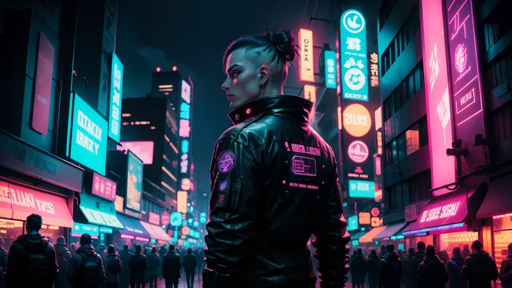 many, many people, cyberpunk, neon light