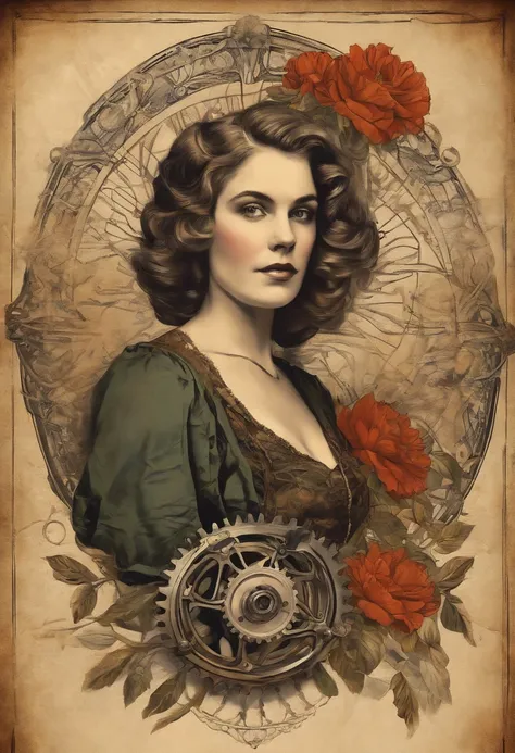 charlie bovot realistic lithographic sketch of a portrait of a woman, flowers, [gear wheel], pipelines, dieselpunk, multi-colore...