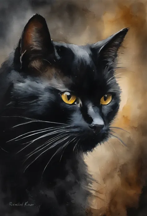 heavy oil painting, rembrandt van rijn, close up of a cute black cat looking mysterious, moody setting,