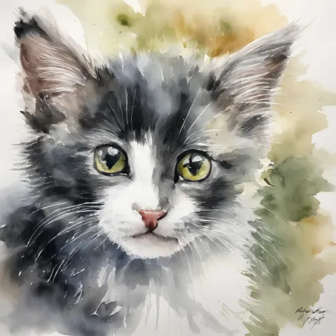 black and white kitten、cute little、fluffy bristles、illustratio、watercolor paiting、picture book