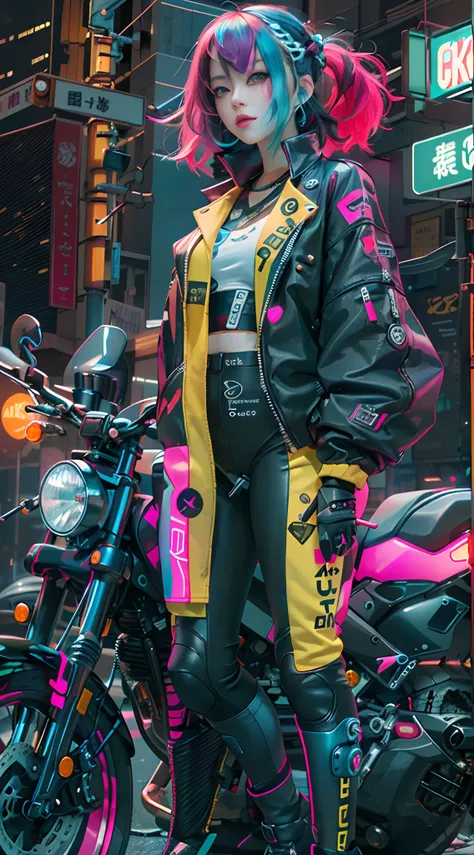 masutepiece, best quality, confident cyberpunk girl, full body shot, ((stand in front of the motorcycle)), pop costumes inspired...