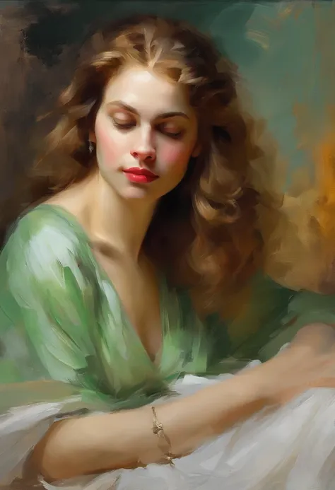 a painting of a woman with her eyes closed, leaning on her hand smiling, wearing a beautiful green dress, with exposed cleavage,...