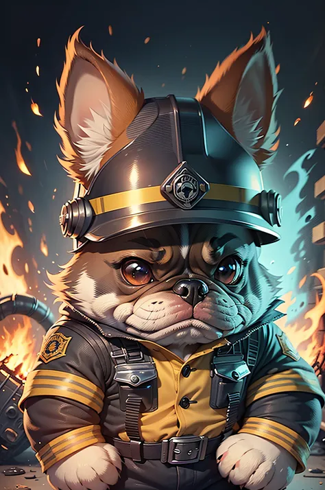 c4tt4stic, firefighter cartoon french bulldog dog in firefighter uniform and helmet fighting fire（body hair is black、the specifi...