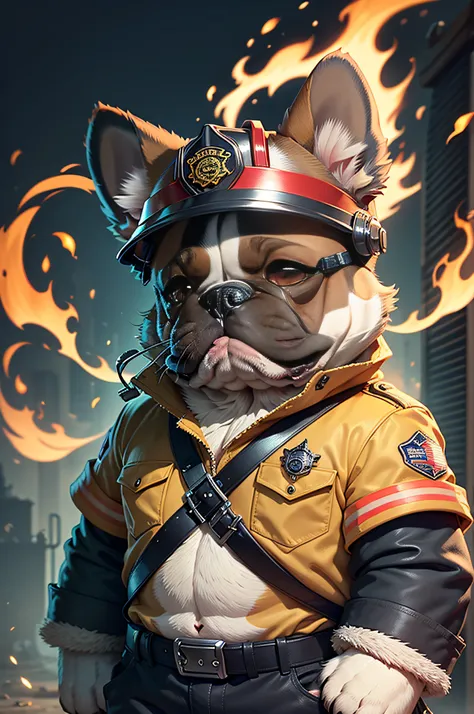 c4tt4stic, cartoon french bulldog dog in red uniform and helmet of american firefighter（body hair is black、the specifics of the ...