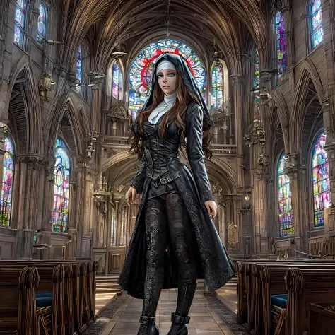 a picture of a steampunk (1)nun in a church, wearing nun habit, wearing black pantyhose, (best detailed face:1.3), ultra feminin...