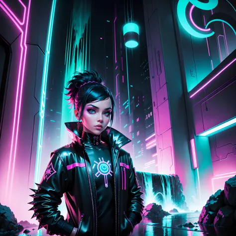 produce a neon punk-style masterpiece with a lush waterfall illuminated by bioluminescent glow. prioritize the neon color palett...