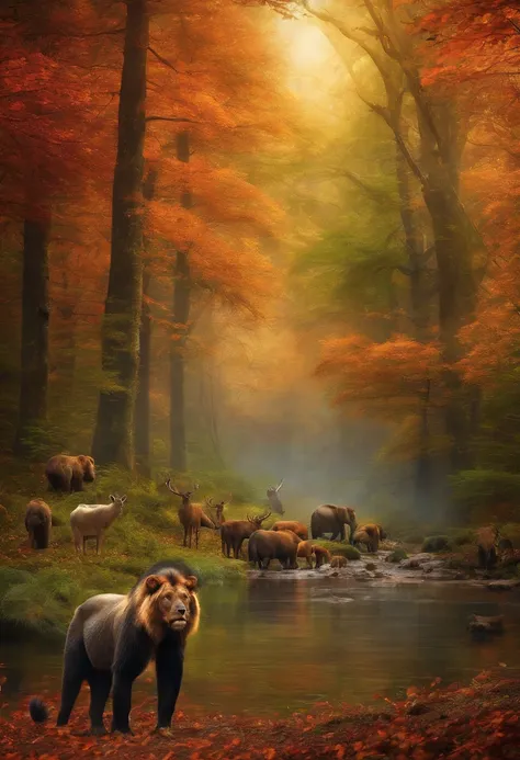 (masterpiece), (best quality),mount background, forest background, with many animals,