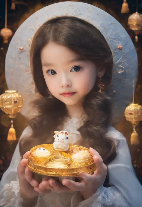 delicious mooncakes，cinematic ligh，professional photoshooting，the little rabbit holds a mooncake and looks at the moon，studio co...