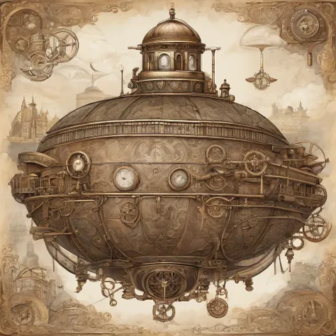 airship flying over steampunk city, steam, ultra detailed