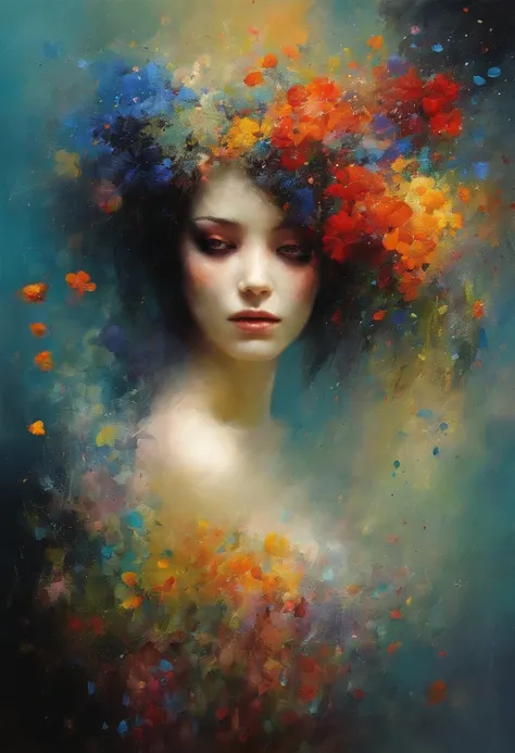 caos, elegante, vivid colors, arte por anne bachelier, atmospheric, a girl, elegante, borboletas, flores florescendo, em movimen...