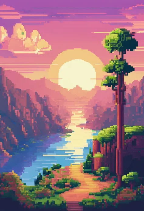 pixel art tourist landscape. evening. 3d pixel art 4k wallpapers. amazing pixel art details. pixel art. vaporwave. detailed unre...