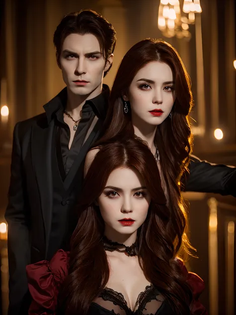 male, female with brown hair, best quality:1.4, vampire vibe, supernatural background, supernatural costumes, 8k