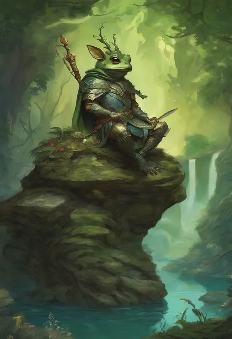 prince grenouille sur un rocher , tyler edlin fantasy art, style artistique humblewood, illustration high fantasy, guerrier , su...