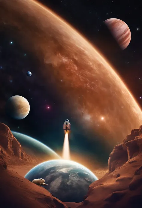 a capybara having sex in space with planets and a rocket passing behind