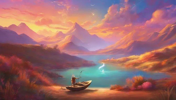 painting of fishing boat , river and mountain landscape with a lake , illustration matte painting, inspired by thomas kinkade, s...