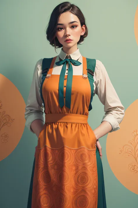 a vintage-style apron, predominantly in burnt orange and teal, featuring surrealistic imagery. the apron exudes classic elegance...