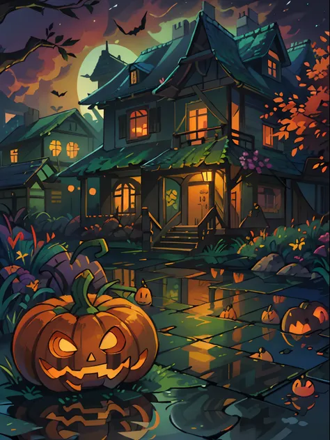 Halloween Floating Lights, Cinematic light and reflection, glowing lights, houses halloween themes，Digital Painting, Glowing ref...