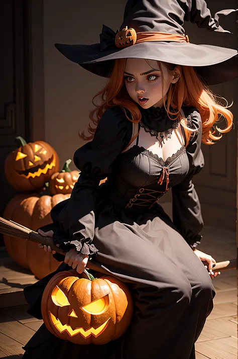 halloween theme , with alot of pumpken around the house , dark background , witch riding a broom