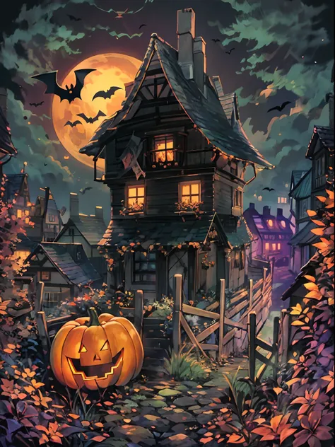 witch house, halloween-themed, t-shirt design, black background