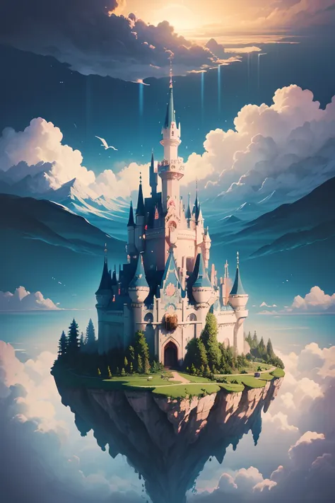 illustration of the cloud kingdom hidden among the clouds, featuring floating castles, enchanted forests, and magical mountains....