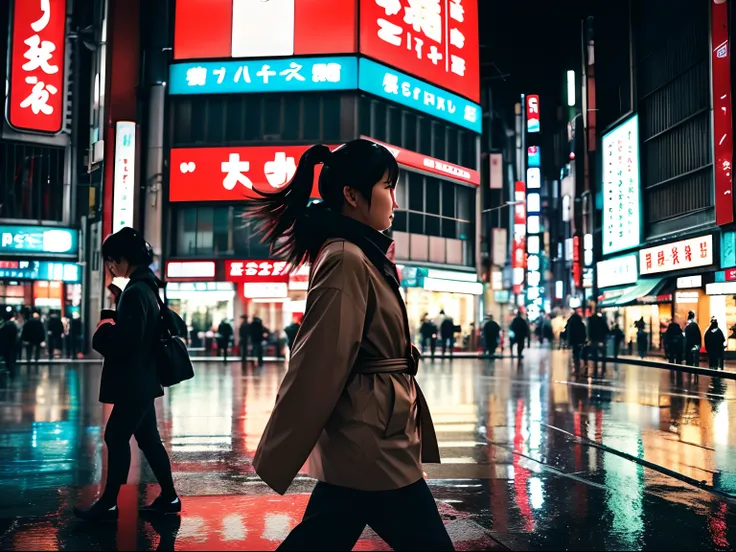 highlight insanely beautiful japanese woman, tokyo crowd, light rain, early morning busy street scene, dynamic action poses, ext...