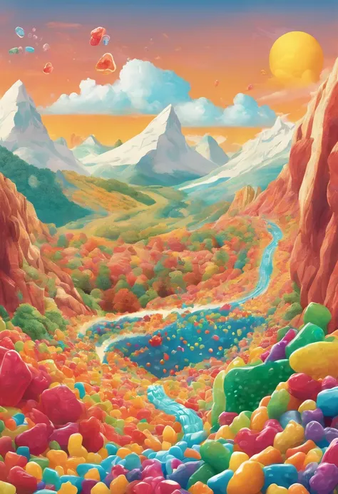 design a fantastical landscape where gummy bears cascade down a mountainside like an avalanche, with little gummy bear climbers ...