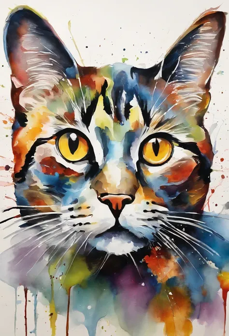 cute cat face painting,,thick oil art，on a colorful background, abstracted , abstract portrait, stylized face, pop art painting,...