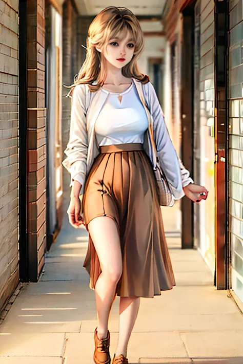 pretty girl，wearing a light brown skirt，white top and long brown coat，full body like，