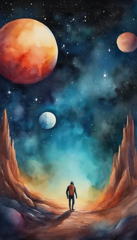 colorful futuristic space illustration，there's a planet in the middle, a beautiful artwork illustration