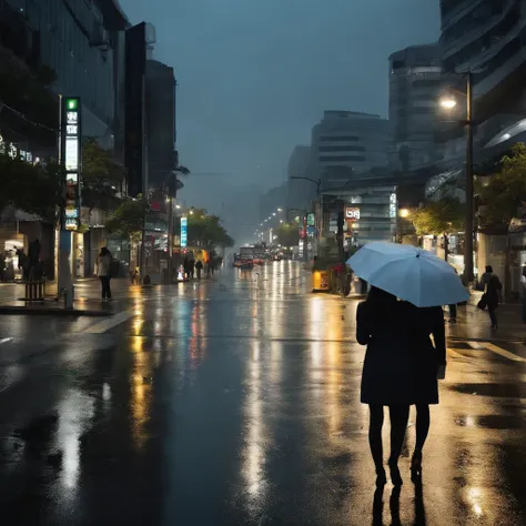 the streets of seoul city with gloomy skies and rain. with the reflected light of the road, you can dimly see the flickering tra...