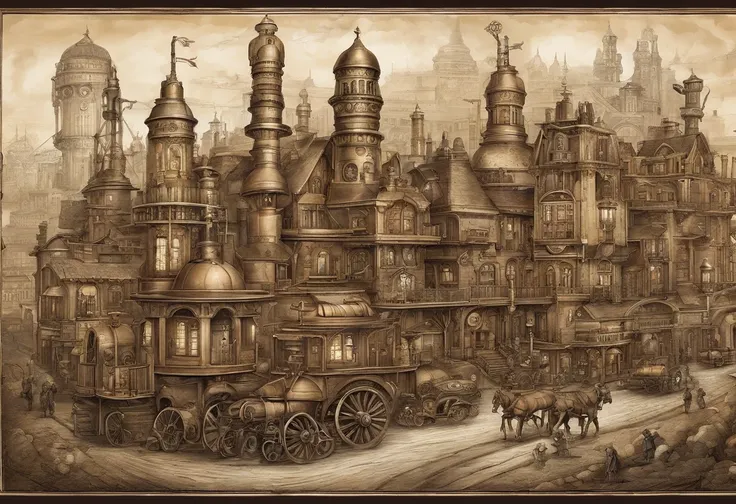 steampunk town,no human,realistic cityscape