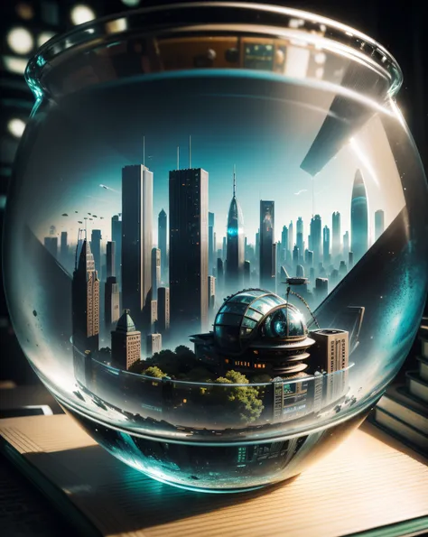 mini\(ttp\), (8k, raw photo, best quality, masterpiece:1.2), ((miniature futuristic city skyline in a glass bowl sitting on old ...