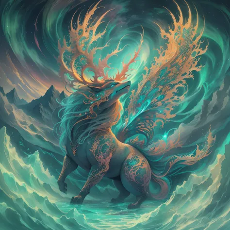 trippy art,(aurora borealis),norse mythical beasts。