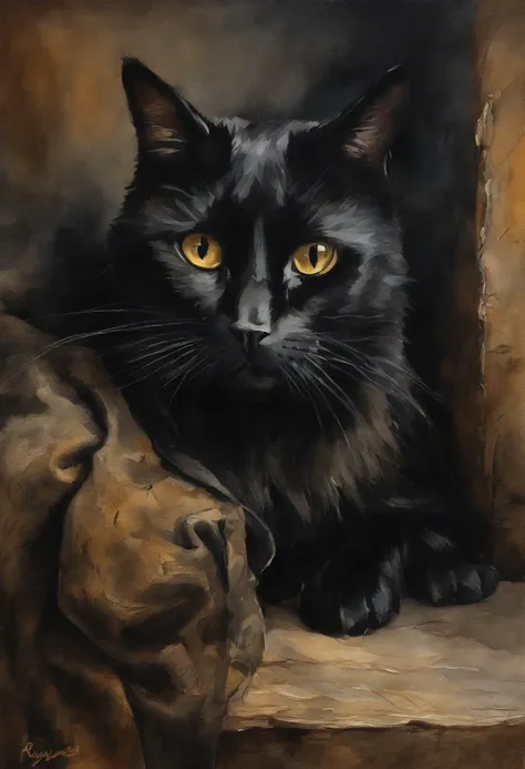 heavy oil painting, rembrandt van rijn, close up de um gato preto bonito usando luvas de caixa, em um anel, moody setting