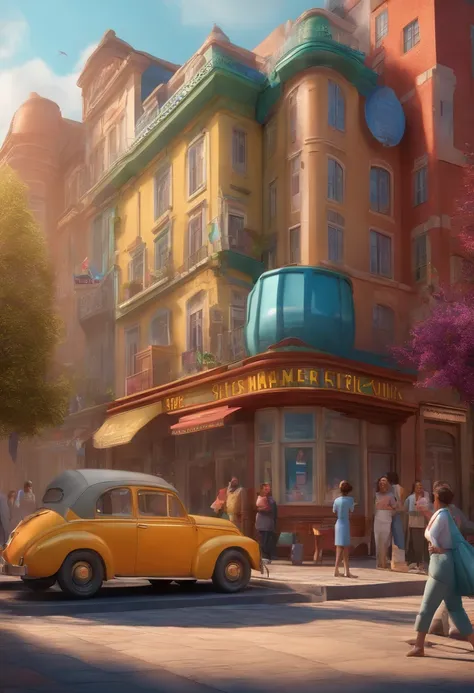 3d pixar style drawing of a slimming clinic in the city center with a character in the foreground