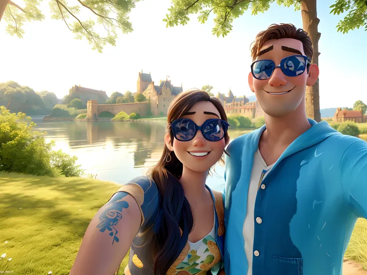 pixar style, there is a man and woman taking a selfie by the water, with a castle in the background, high quality