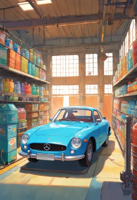 interior design of an automotive cleaning products factory,  (estilo pixar)