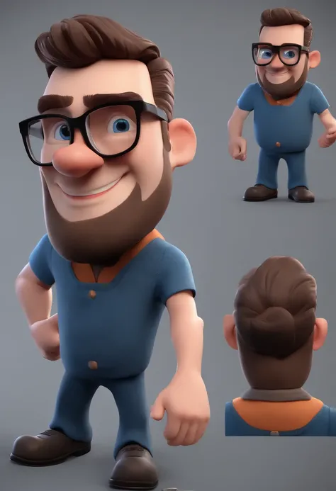 cartoon character of a man with black glasses and a blue shirt, animation character, caractere estilizado, animation style rende...