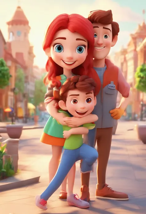 an illustration of an adorable couple, a brunette man and a girl with red hair and slanted eyes, the two of them are smiling and...