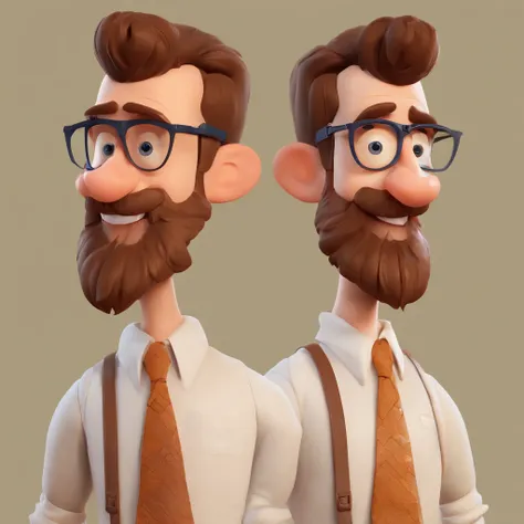 criar um personagem no estilo pixar. trata-se de um homem de 25 anos, com barba, oculos quadrados, com cabelos pretos curtos bon...