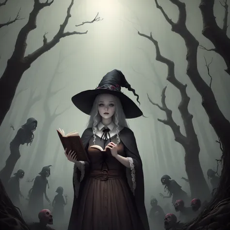 Witch holding a book, Surrounded by zombies